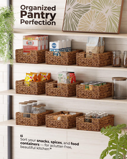 BLUEWEST Water Hyacinth Storage Baskets (Set of 6) – Woven Hyacinth Organizer with Carrying Handles, Laundry Basket for Organizing, Rattan Bin for Shelves