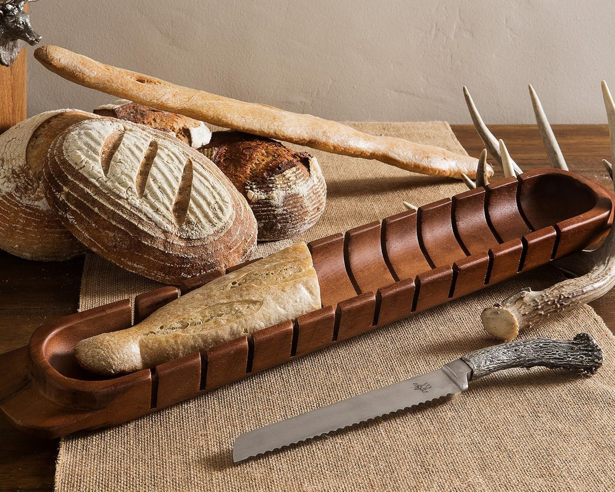 Acacia Wood Avignon Baguette Slotted Cutting Guides Mitered Bread Board by Arthur Court 26.5 inch Long