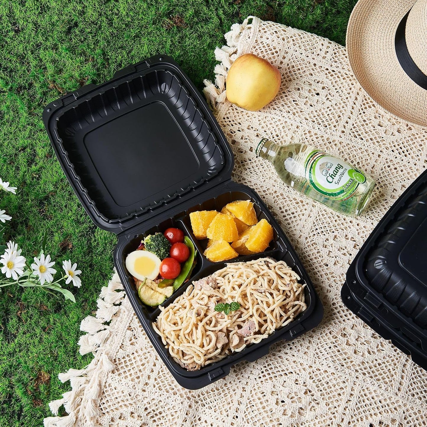 8X8 3-Compartment 50-Pack Plastic Clamshell Takeout Food Trays Heavy Duty Togo Disposable Box Carryout Meal Prep Packaging Catering Hinged Containers With Secure Snap Lid (Formerly FULING)