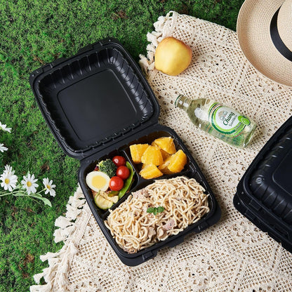 8X8 3-Compartment 50-Pack Plastic Clamshell Takeout Food Trays Heavy Duty Togo Disposable Box Carryout Meal Prep Packaging Catering Hinged Containers With Secure Snap Lid (Formerly FULING)