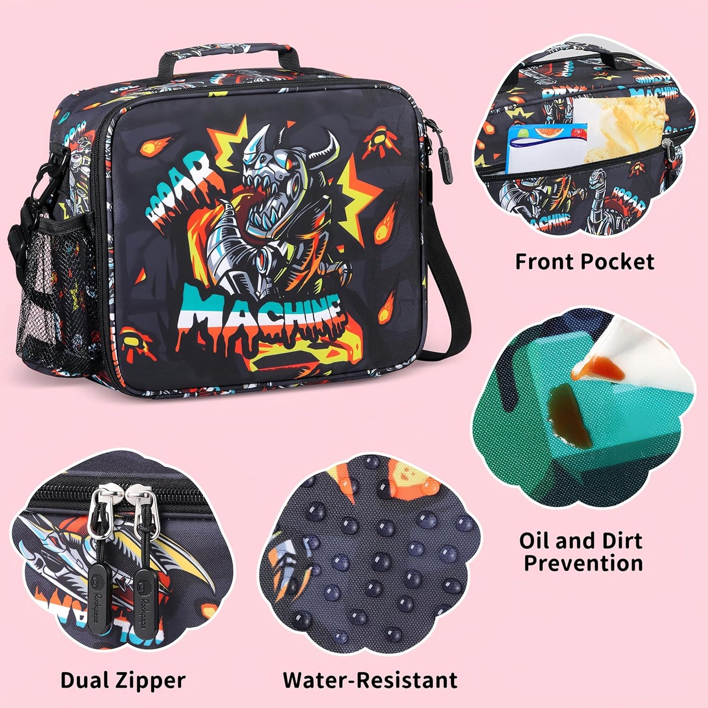 rockpapa Chill Kids Lunch Box Set with Leakproof 5.5 Cups Bento Box, Reusable Ice Pack, 14oz Insulated Water Bottle & Lunch Bag, BPA-Free Microwave Safe for School Boys Girls (Black Games)