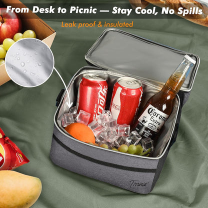 Tirrinia Reusable Lunch Box for Men Women, Insulated Lunch Bag Adult Work, Double Decker Leakproof Lunchbox for Office Picnic Beach—Dual Compartment Lunch Cooler Bag