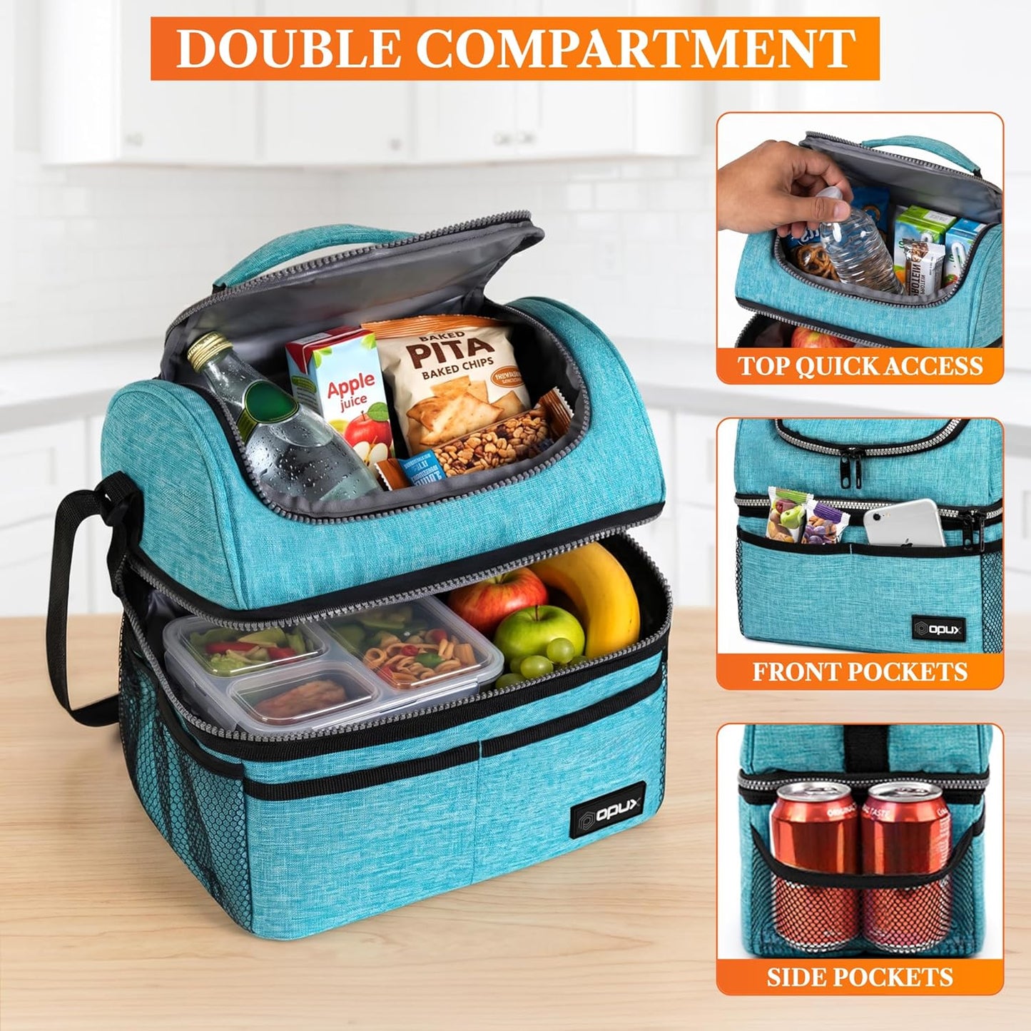 opux Insulated Lunch Bag for Men Women, Double Decker Leakproof Lunch Box Cooler Tote with Shoulder Strap, Large Lunchbox for Work School Travel Meal Prep, Adults Kids Boys Girls, Green, 16 Cans