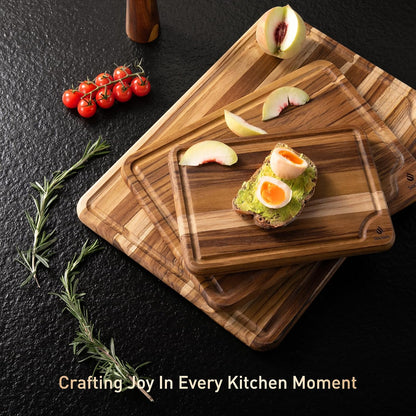 4 Pack Teak Wood Cutting Board Set for Kitchen Heavy Duty Non Toxic Non Slip Solid Thick Wood Haus Chopping Board Extra Large Big Small Meat Best Essential House Warming Hostess Host Gift