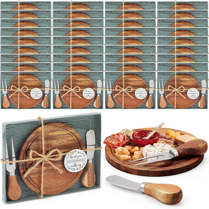 Maxcheck 6 Sets Baby Shower Bridal Game Prizes for Winners Round Cheese Board Set Wood Mini Charcuterie Board with Knives and Forks Thank You Card with Gift Box for Guests Wedding (Bamboo)