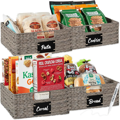 Best Choice Products Set of 4 9x12in Water Hyacinth Pantry Baskets, Woven Organizers w/Chalkboard Label, Chalk Marker - Natural