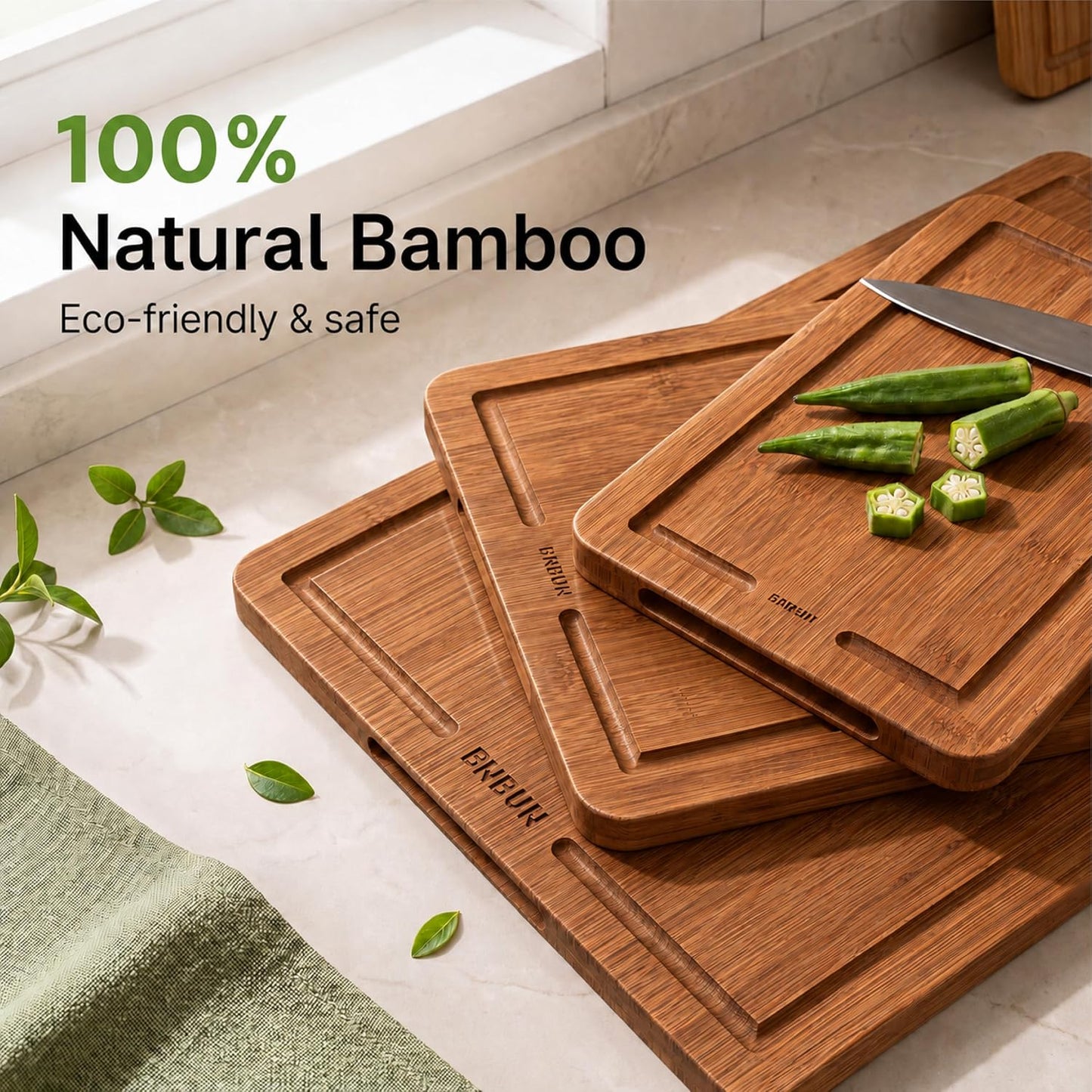 Bamboo Cutting Board for Kitchen, 3-Piece Wooden Cutting Board Set with Deep Juice Grooves, Side Handles, Non-Slip Mats, Reversible Chopping Boards for Meat, Veggies, Fruit, Cheese Serving