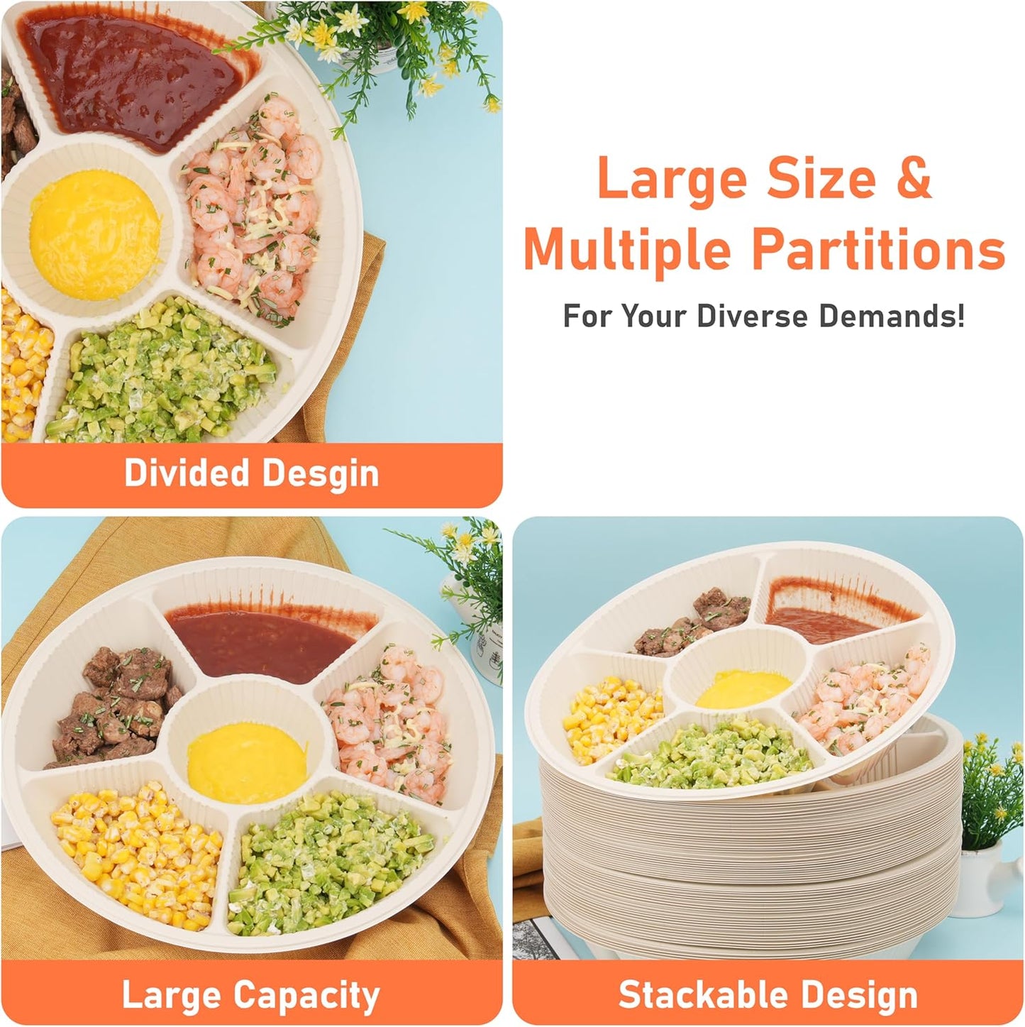 40 Pcs Disposable Divided Plates with 6 Deep Compartments, 12 Inch Large Disposable Sectional Plates, Biodegradable Cornstarch Divided Serving Tray for Party - Microwave Safe