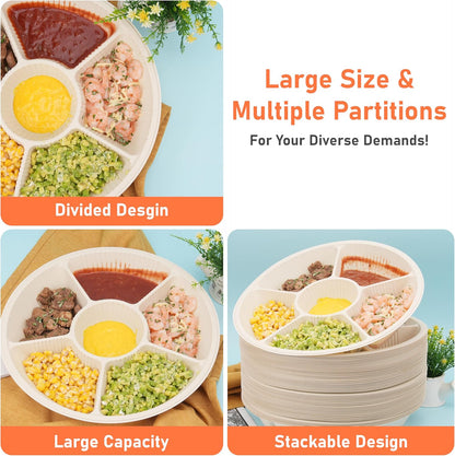 40 Pcs Disposable Divided Plates with 6 Deep Compartments, 12 Inch Large Disposable Sectional Plates, Biodegradable Cornstarch Divided Serving Tray for Party - Microwave Safe
