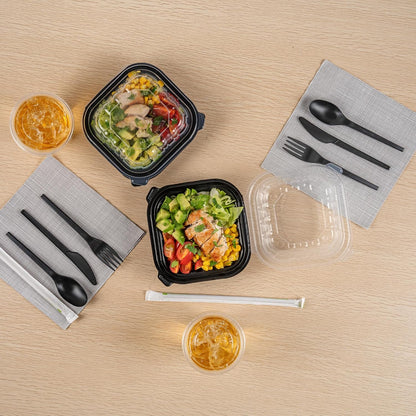 Thermo Tek 40 Ounce Clamshell Containers, 50 Disposable Take Out Boxes - 3 Compartments, Ventilated Lids, Black Plastic Meal Prep Containers, Microwavable, For Pasta Or Salads - Restaurantware