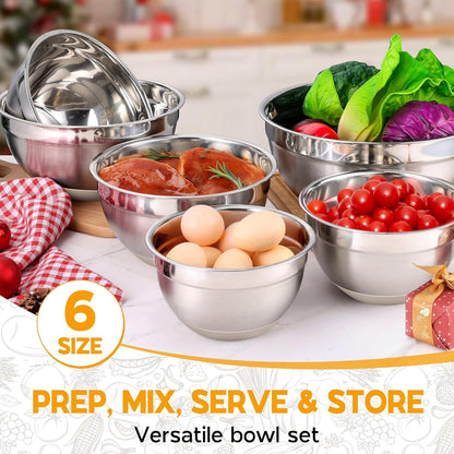 Onader Colorful Mixing Bowl Set of 6 for Kitchen, Large Stainless Steel Metal Nesting Mixing Bowls with Airtight Lids, Non Slip - Size 0.7, 1, 1.5, 2, 2.6, 4.6QT