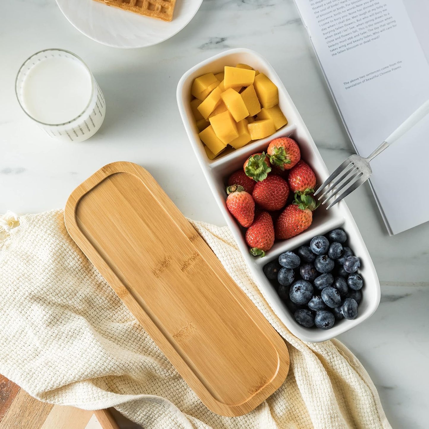 Miamolo 3 Compartment Condiment Tray, Chip and Dip Bowl with Wooden Serving Tray, Perfect for Snacks, Appetizers, Charcuterie, Chips, Candy, 10-inch Chip and Dip Serving Set for Parties