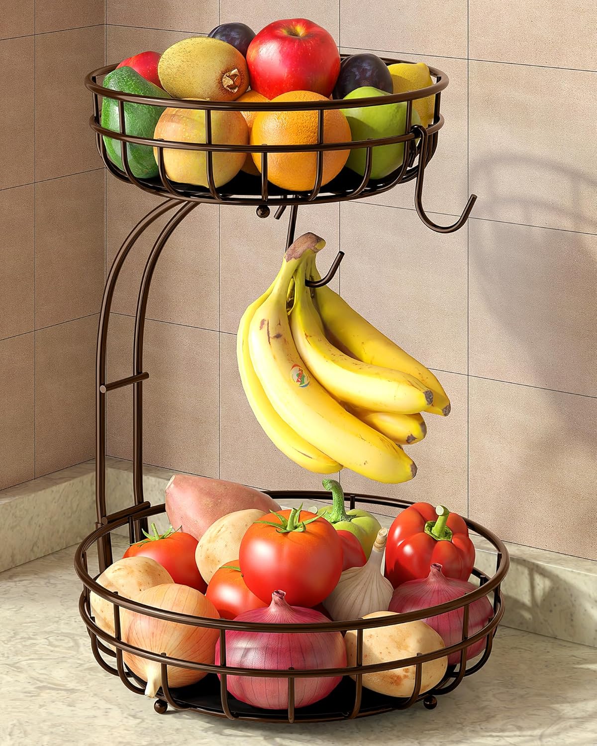 Sevenblue 2 Tier Large Fruit Basket for Kitchen Counter with Removable Banana Hanger - Sturdy Iron Fruit Bowl for Kitchen Counter and Vegetable Holder, Fruit Holder for Home Decor, Black