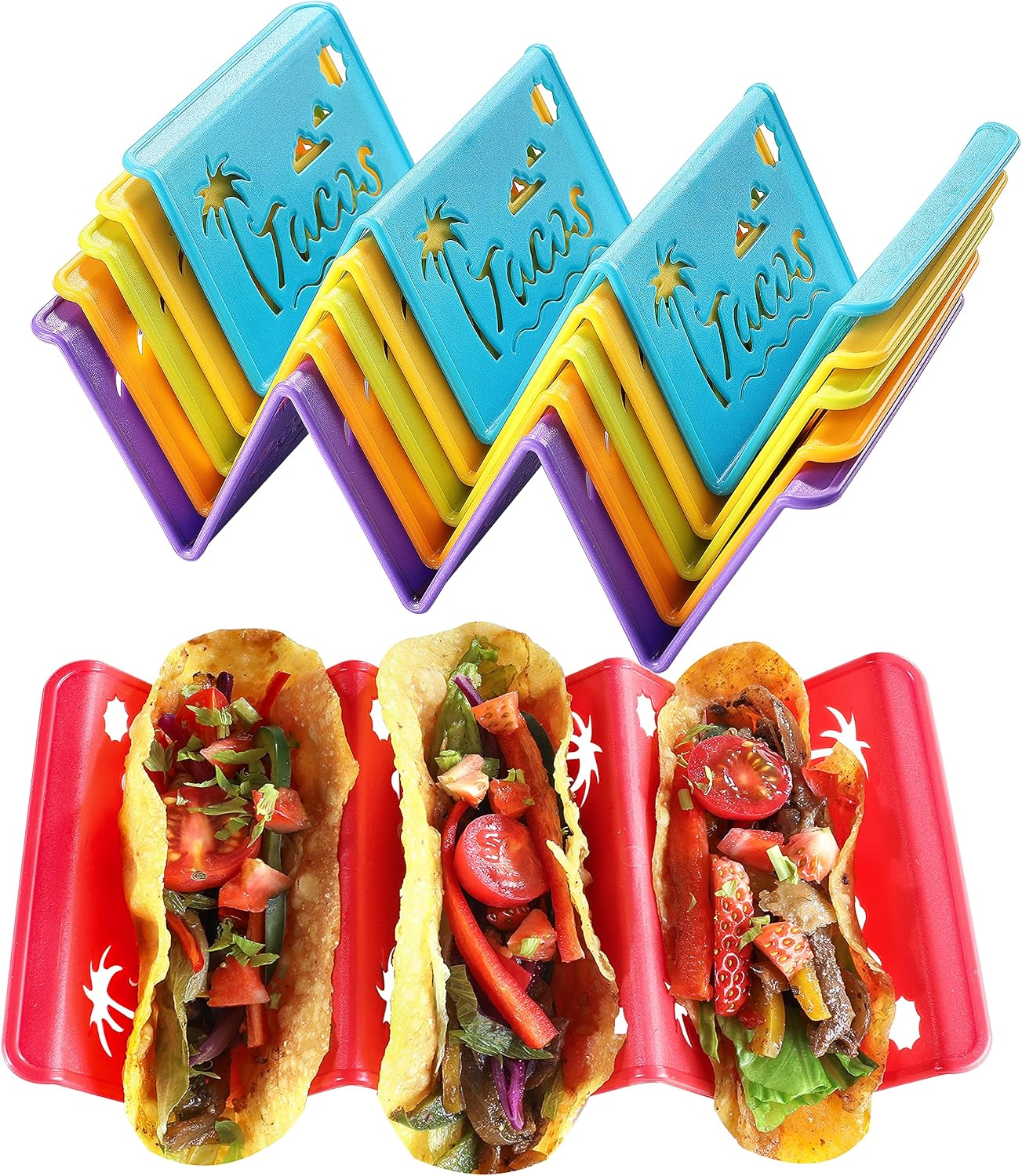 6PCS Taco Holder Stands with Unique Island Pattern, Colorful Premium Large Taco Holders Set of 6, Taco Stands for 3 Tacos, Street Taco Rack, PP Material, Dishwasher & Microwave Safe, Taco Tuesday