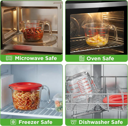 NutriChef 1,2 and 4 Cups Glass Measuring Cup Set with Lids (8, 17 and 34 oz) - Heat-Resistant Borosilicate Liquid Measure Cups with Easy-Read Scale for Cooking, Baking & Food Storage, Dishwasher Safe