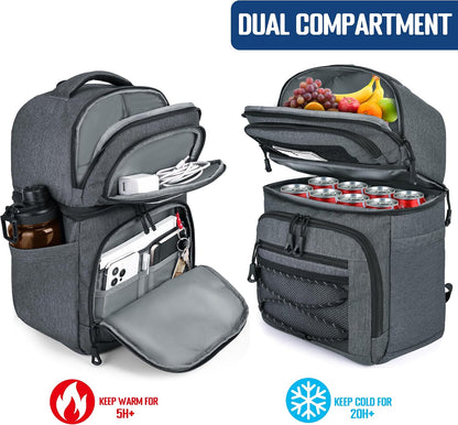 MOZETO Lunch Cooler Backpack Double Deck Lunch Box Backpack Insulated Leakproof Compartments Coolers Bag for Beach Travel Picnic Lunch Hiking BBQ Camping