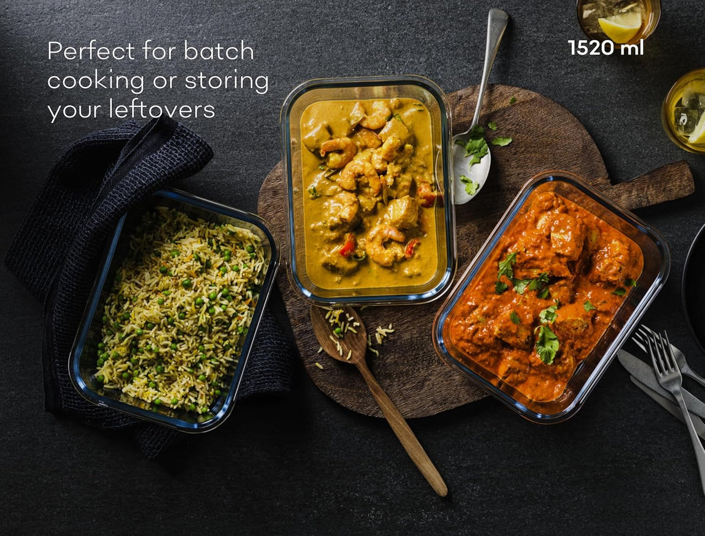 Glass Food Storage Containers | 3 Pack Large Set 52oz/6.4 cup | BPA-Free Airtight LeakProof Lid | Glass Food Containers | Glass Containers with Lids | Oven, Freezer & Dishwasher Safe