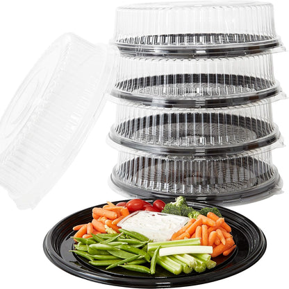 Avant Grub Heavy Duty, Recyclable 12 in. Serving Tray and Lid 5pk. Large, Black Plastic Party Platters with Clear Lids Dishware Plate, Elegant Round Banquet or Catering Trays for Serving Appetizers