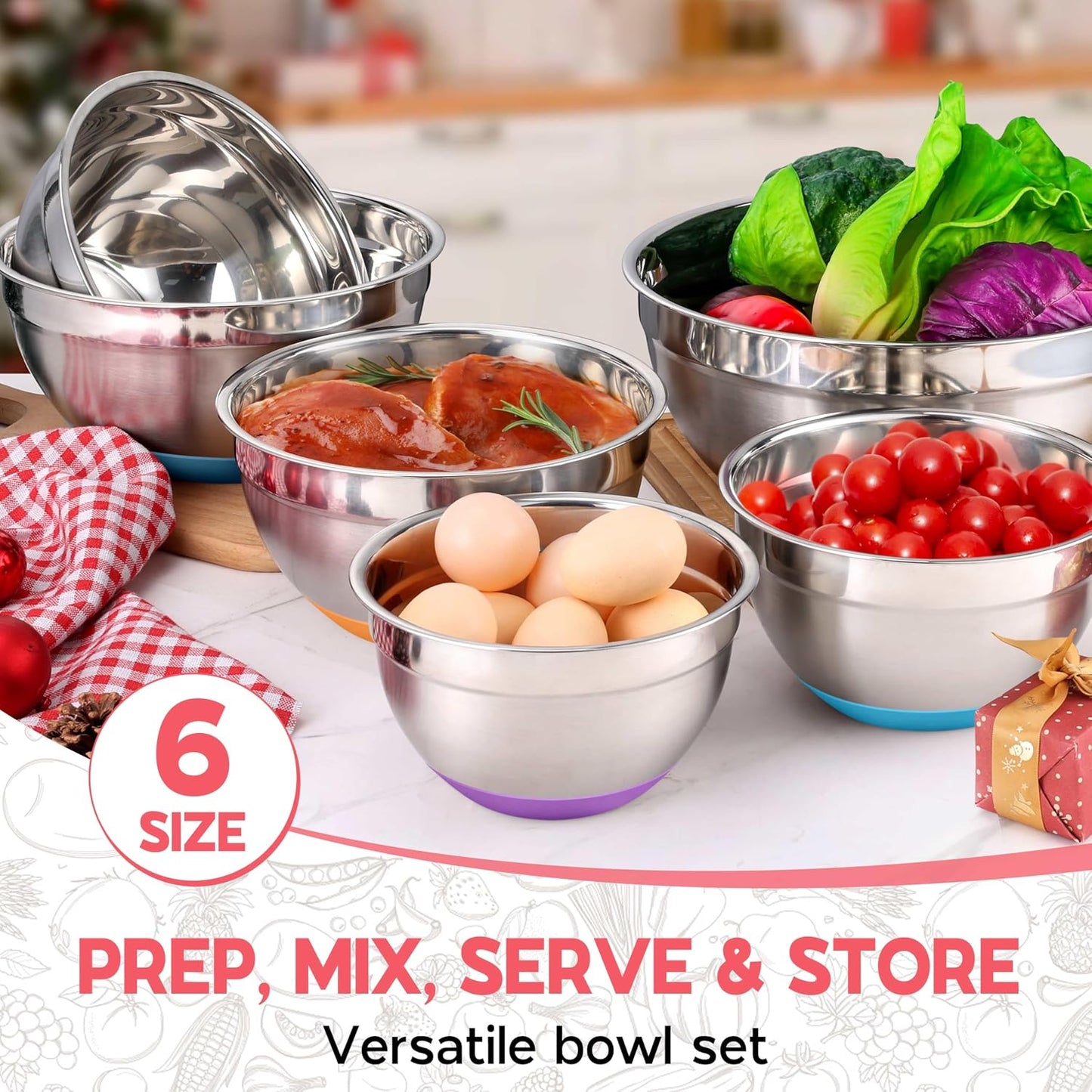 Onader Colorful Mixing Bowl Set of 6 for Kitchen, Large Stainless Steel Metal Nesting Mixing Bowls with Airtight Lids, Non Slip - Size 0.7, 1, 1.5, 2, 2.6, 4.6QT