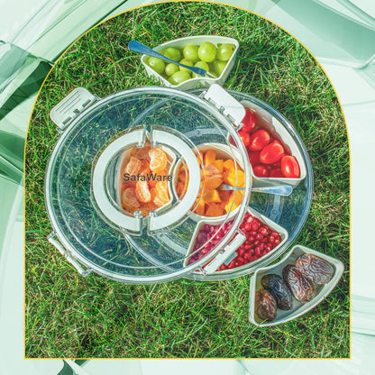 Rotating Snack Box Container for Parties, Veggie Tray with Lid, Divided Serving Tray for Fruit, Large Rotating Tray with Lid for Kids and Fridge Storage (10" Rotating snackle Box)