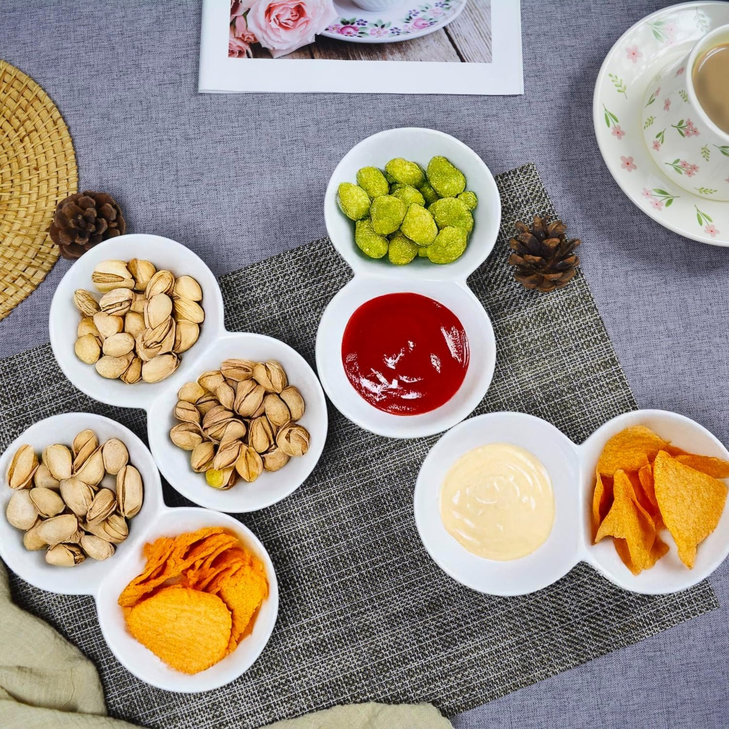4 Pieces Chip and Dip Serving Set Ceramic Divided Serving Trays Platters Chip and Dip Bowl Compartment Cheese Ball Serving Dish Dumpling Plate for Party Appetizers Snacks Veggies, 7.1 Inch