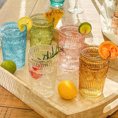 Kate Aspen Vintage Textured Aqua Blue Striped Drinking Glasses Set of 6-13 oz Ribbed Glassware with Flower Design | Cocktail Set, Juice Glass, Water Tumbler