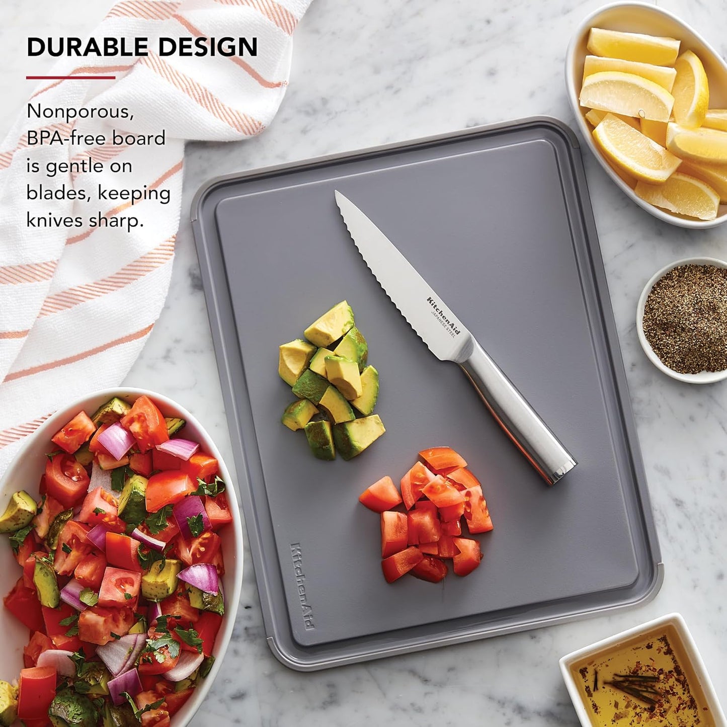 KitchenAid Classic Plastic Cutting Board with Perimeter Trench and Non Slip Edges, Dishwasher Safe, 12 inch x 18 inch, Gray
