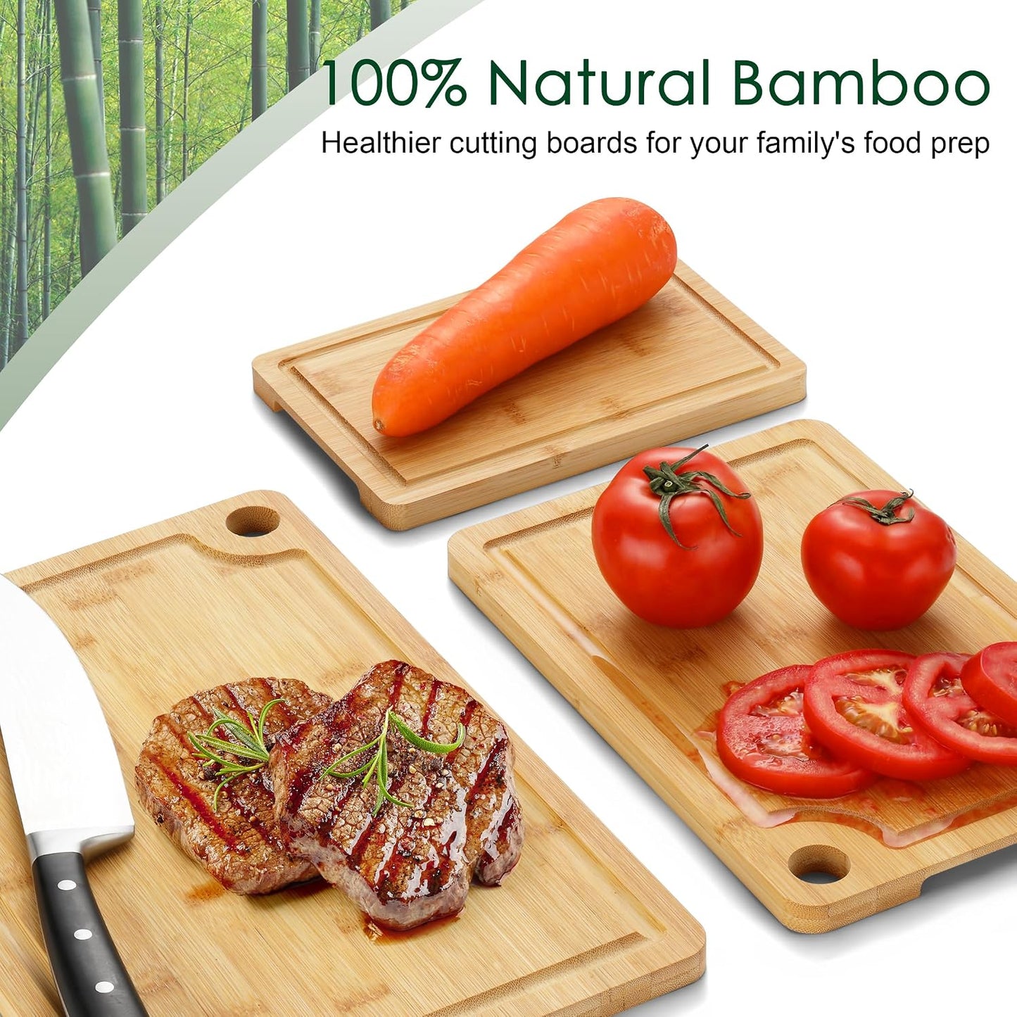 3PCS Bamboo Cutting Board Set - Durable Wooden Cutting Boards with Deep Juice Grooves & Built-in Handles & Hanging Holes, Ideal for Chopping Meat, Vegetables, Dishwasher Safe