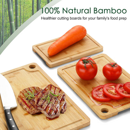 3PCS Bamboo Cutting Board Set - Durable Wooden Cutting Boards with Deep Juice Grooves & Built-in Handles & Hanging Holes, Ideal for Chopping Meat, Vegetables, Dishwasher Safe