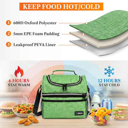 opux Insulated Lunch Bag for Men Women, Double Decker Leakproof Lunch Box Cooler Tote with Shoulder Strap, Large Lunchbox for Work School Travel Meal Prep, Adults Kids Boys Girls, Green, 16 Cans