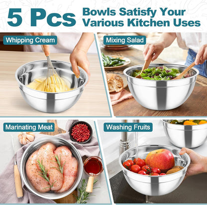 TeamFar Mixing Bowls, Stainless Steel Salad Serving Bowl with Clear Lids & 3 Graters, For Kitchen Cooking Prepping Storing, Size 4.6/2.6/1.5/1/0.7 QT, Nesting & Airtight, Set of 5 & Khaki