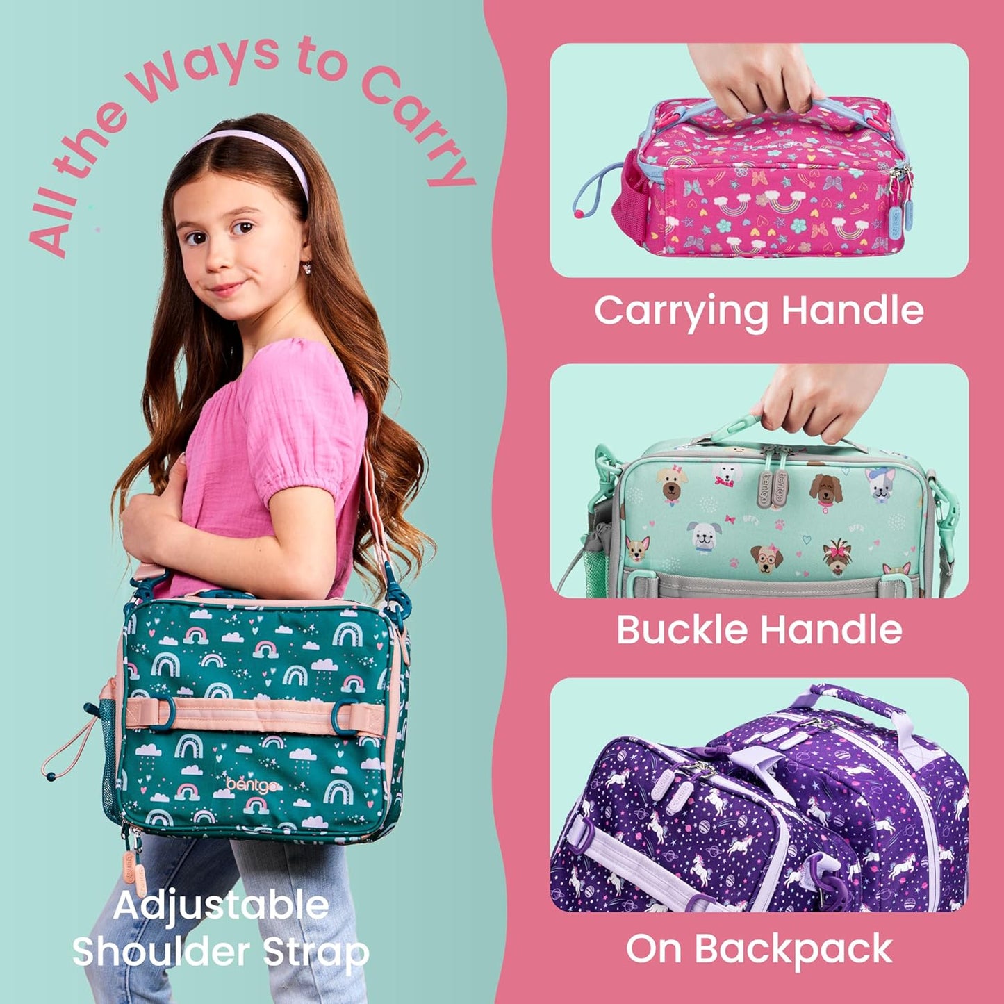 Bentgo Kids Lunch Bag - Durable, Double-Insulated Lunch Bag for Kids 3+; Holds Lunch Box, Water Bottle, & Snacks; Easy-Clean Water-Resistant Fabric & Multiple Zippered Pockets (Mermaid)