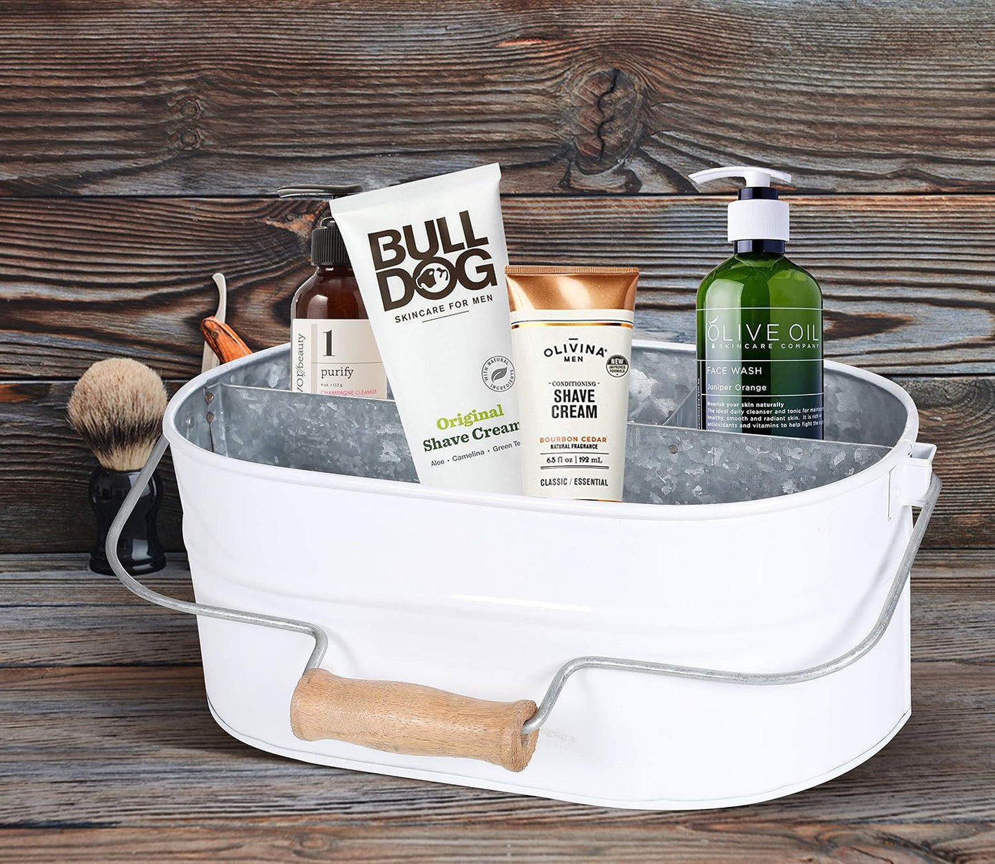 Light & Pro Multipurpose Galvanized Rustic Farmhouse Caddy - Metal 4 Compartment Storage Bin Caddy With Wooden Handle Perfect For Kitchen Utensils, Picnic, Garden Planter - Hammered - Antique Grey