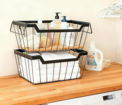 ShabbyDecor Metal Wire Basket with Handles Storage Organizer Stackable Organizing bin for Cabinet Shelf Countertop Under Sink Pantry for Kitchen,Bathroom,Laundry Closet, 1 Pack