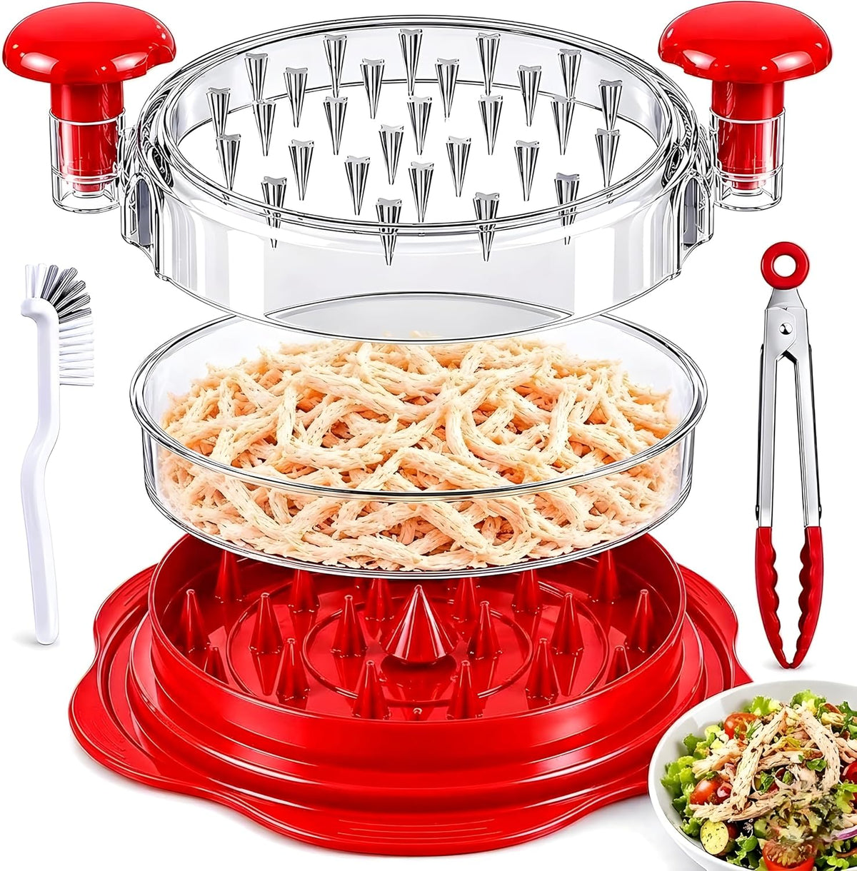 Upgraded 5-in-1 Large Chicken Shredder with Cleaning Brush & Tong 10'' Pro Chicken Shredder Tool Twist Large Stable Anti-Slip Ergonomic Handle Removable Tray Dishwasher Safe, BPA Free