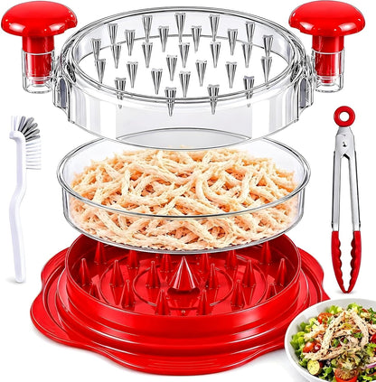 Upgraded 5-in-1 Large Chicken Shredder with Cleaning Brush & Tong 10'' Pro Chicken Shredder Tool Twist Large Stable Anti-Slip Ergonomic Handle Removable Tray Dishwasher Safe, BPA Free