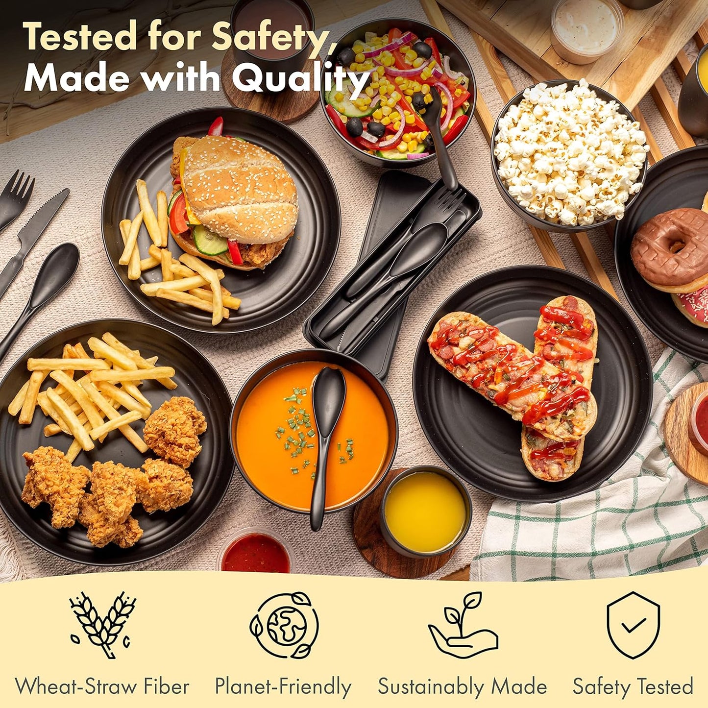FOODLE Wheat Straw Dinnerware Set - BPA Free & Safety Tested - Microwave & Dishwasher Safe Dishes - Perfect for Camping, Picnic, RV, Dorm - Plates, Cups and Bowls - Great for Kids & Adults - For 4