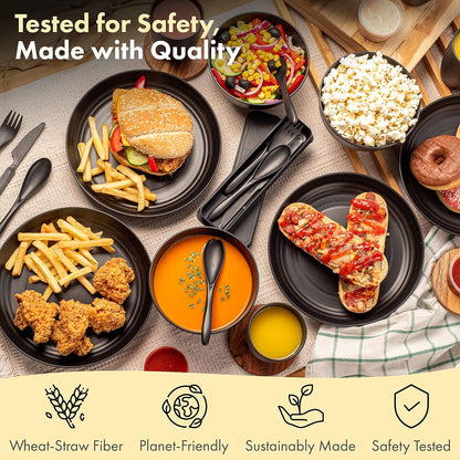 FOODLE Wheat Straw Dinnerware Set - BPA Free & Safety Tested - Microwave & Dishwasher Safe Dishes - Perfect for Camping, Picnic, RV, Dorm - Plates, Cups and Bowls - Great for Kids & Adults - For 4