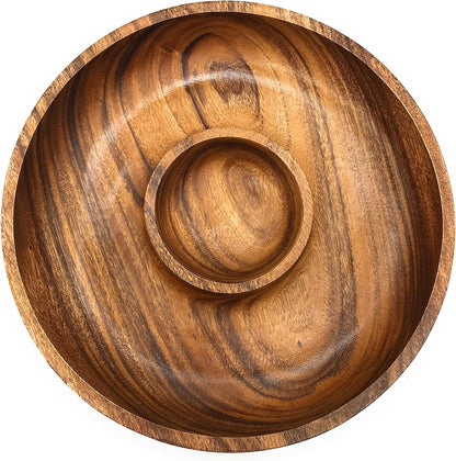 Handcracfted Acacia Wood Chip and Dip Specialty Salsa Bowl Plate Tray 10' D x 1.5" Thick
