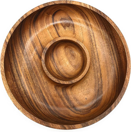 Handcracfted Acacia Wood Chip and Dip Specialty Salsa Bowl Plate Tray 10' D x 1.5" Thick