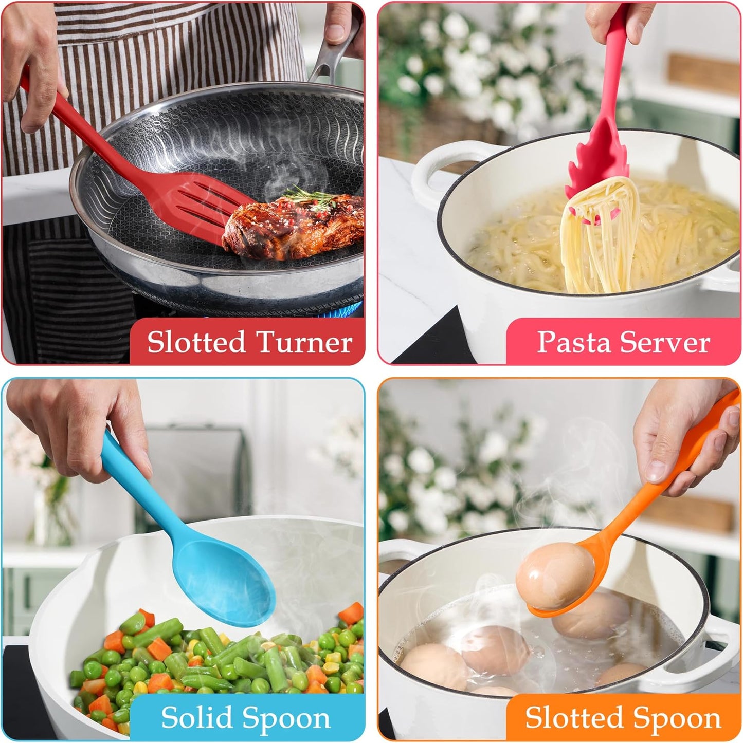 LIANYU Non-Toxic Silicone Kitchen Utensils Set, 8 Piece Non-Scratch Cooking Spoons & Spatulas, Stainless Steel Core, Heat Resistant & Dishwasher Safe, Khaki