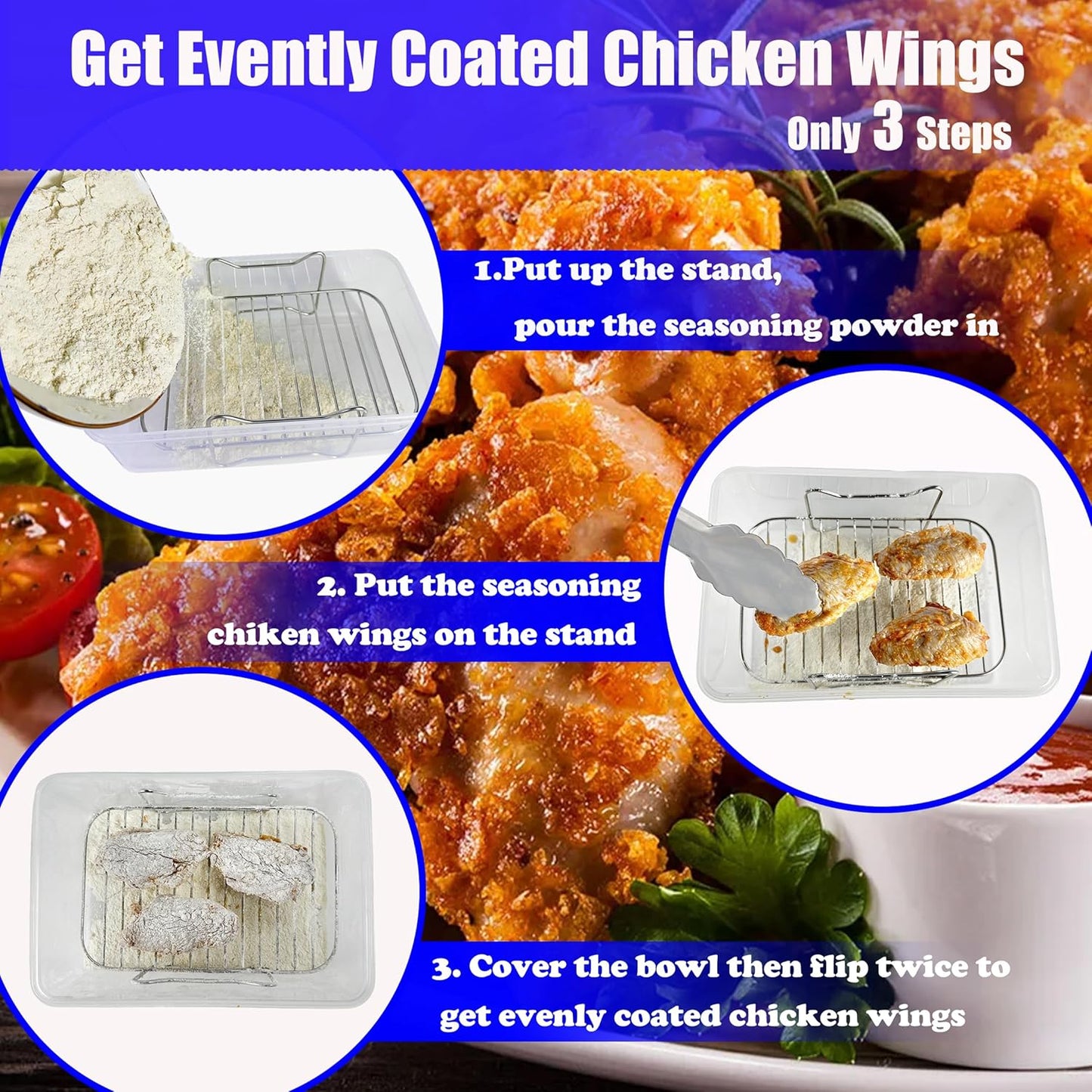 Batter Bowl, Breading Bowl with Lid Flour Shaker for Seasoning Fried Chicken, Fish, Shrimp, Just Flip (Blue)