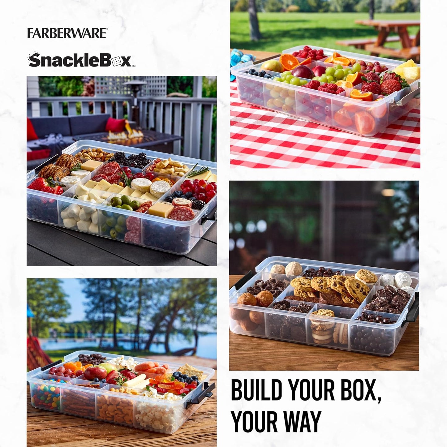 Farberware Small Build-a-Board Snacklebox with Locking Plastic Cutting Board Lid, Portable Charcuterie Storage with 7 Compartments