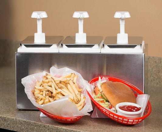 Carlisle FoodService Products Condiment Rail Condiment Center with 3 Standard Pumps for Gas Stations, Restaurants, and Fast Food Stainless Steel, 14.44 X 7.75 X 12.5 Inches, Silver