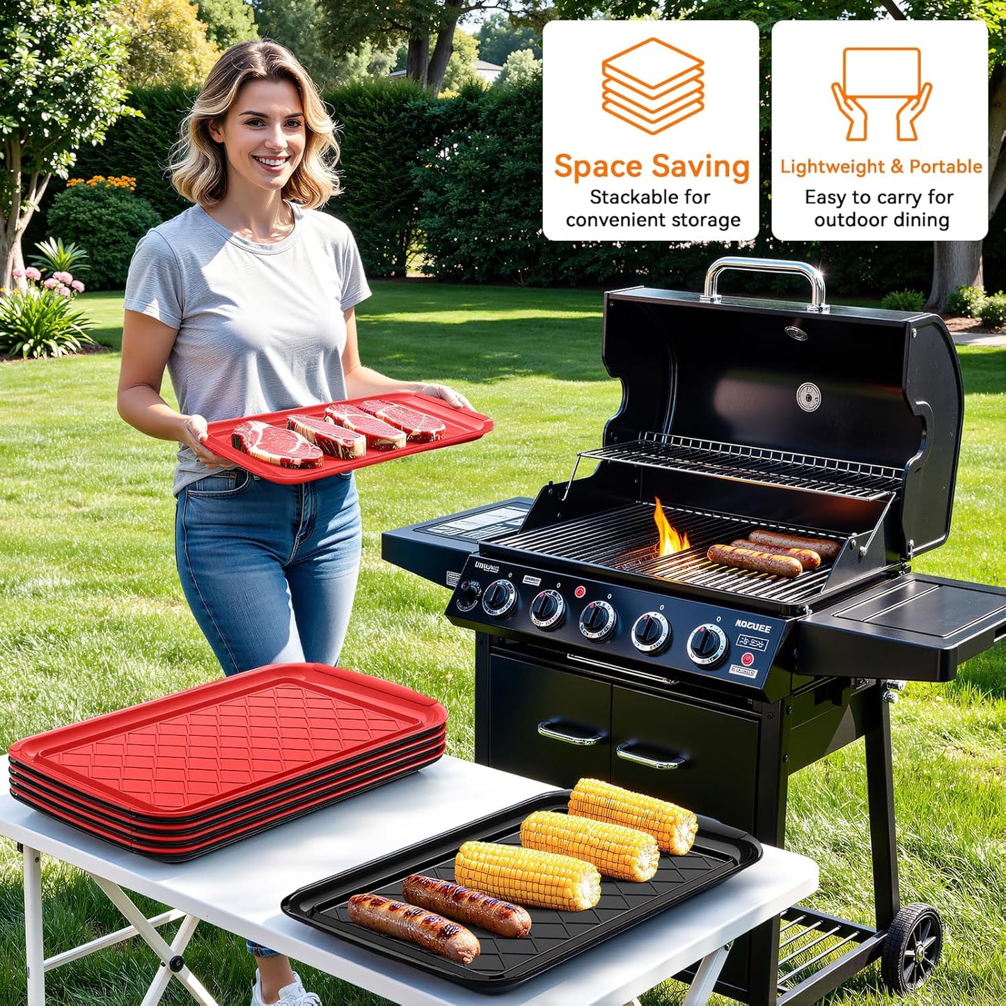 Grilling Prep & Serve Trays for Party- Set of 2, Large Serving Platters for Raw and Cooked Food, Dishwasher Safe, 17"×10.5" Stackable Plastic Party Supplies for Grilling, BBQ, Meal Prep - Green, Black