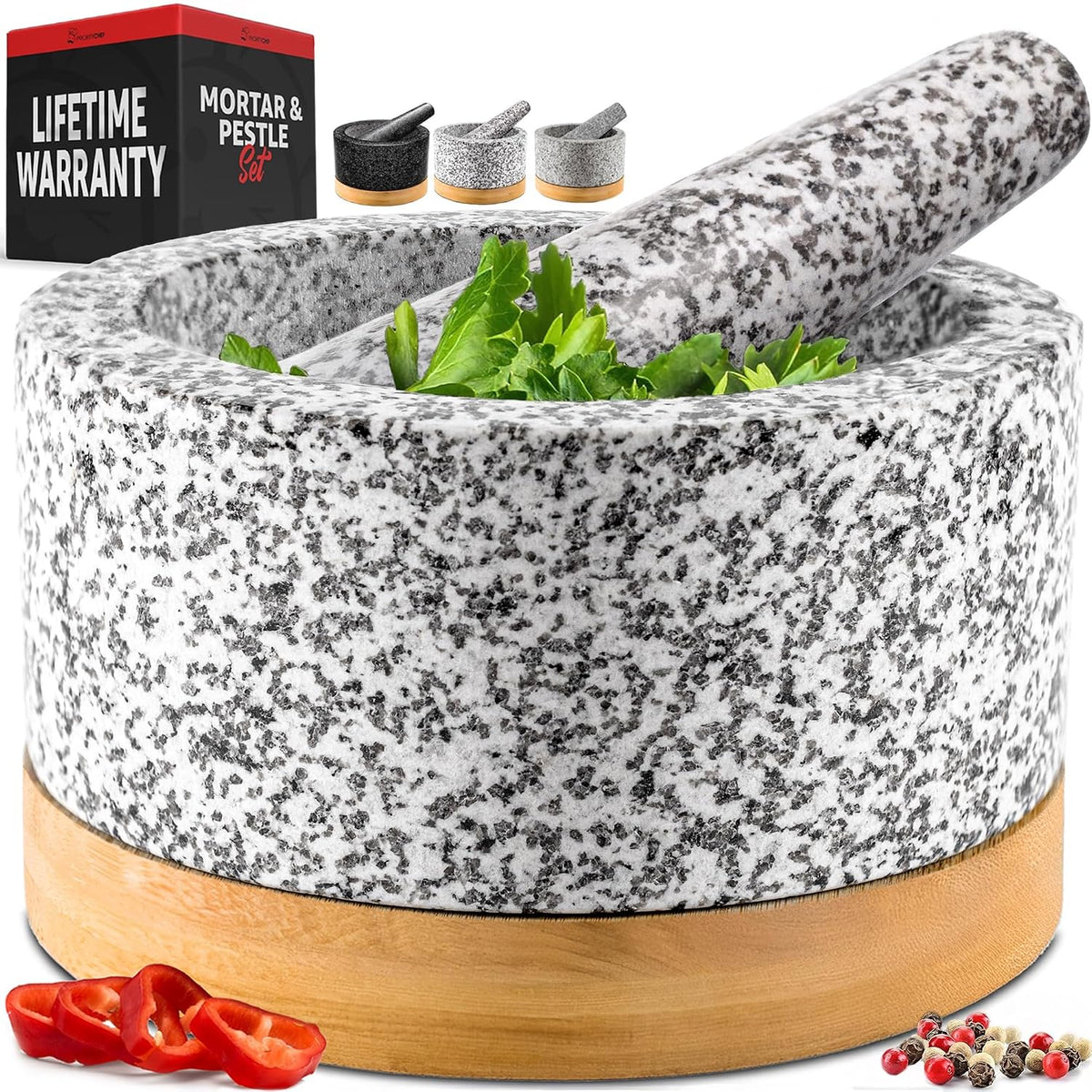 PriorityChef Heavy Duty Mortar and Pestle Set with Bamboo Base, 100% Natural Granite Stone Grinder, Guacamole Bowl and Masher, 1.5 Cups, Black