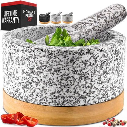 PriorityChef Heavy Duty Mortar and Pestle Set with Bamboo Base, 100% Natural Granite Stone Grinder, Guacamole Bowl and Masher, 1.5 Cups, Black