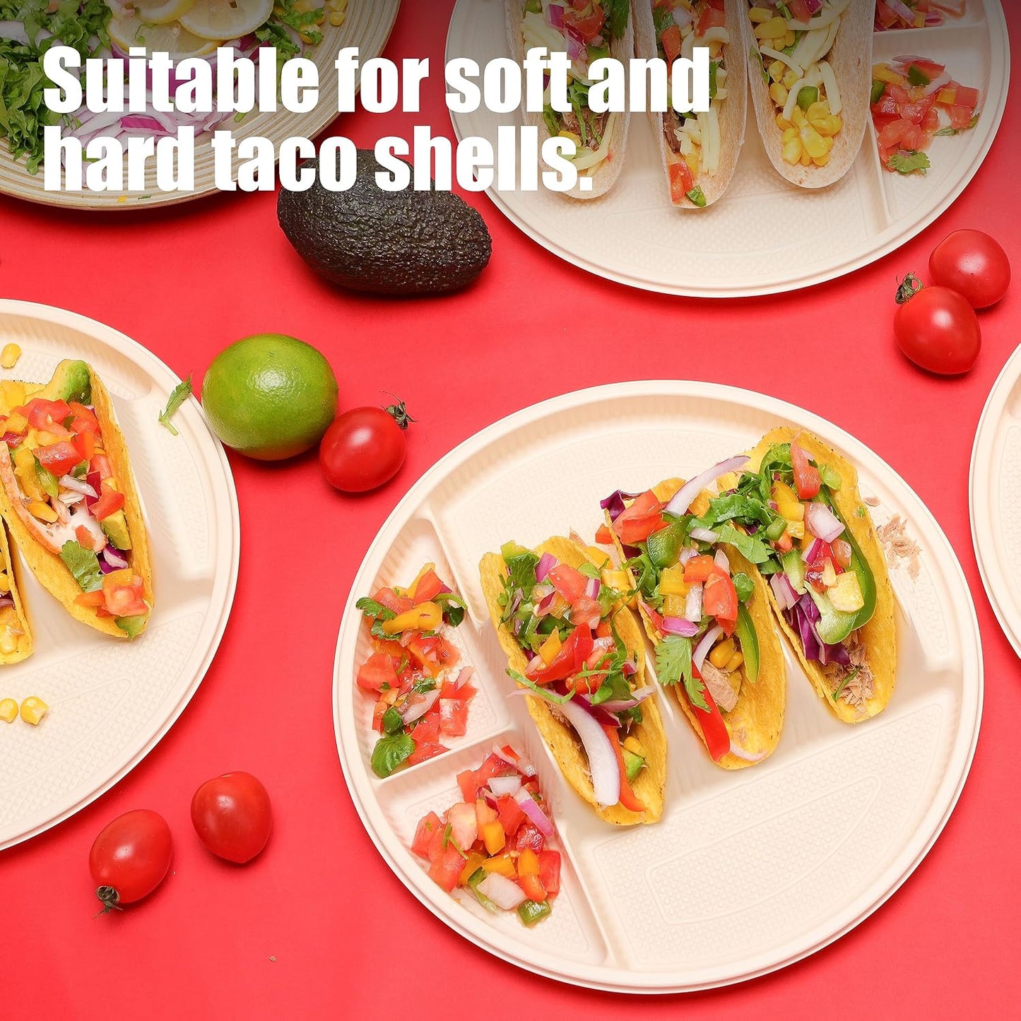 Small Disposable Taco Plates With Dipping Sides - 50 Pack, Biodegradable Cornstarch Taco Holder, Mini Size Fit 4-6 Inch Street Tortilla Shells, Sturdy & Microwave Safe, Bar Serving Set For A Party