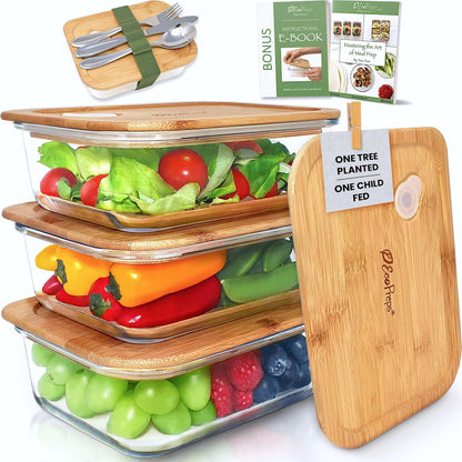 Glass Meal Prep Containers with Bamboo Lids (3 Pack) - 100% Plastic Free, Eco-Friendly Lunch Containers, Bamboo Lid Storage Container Set - Microwave Safe Glass Food Storage Container Set