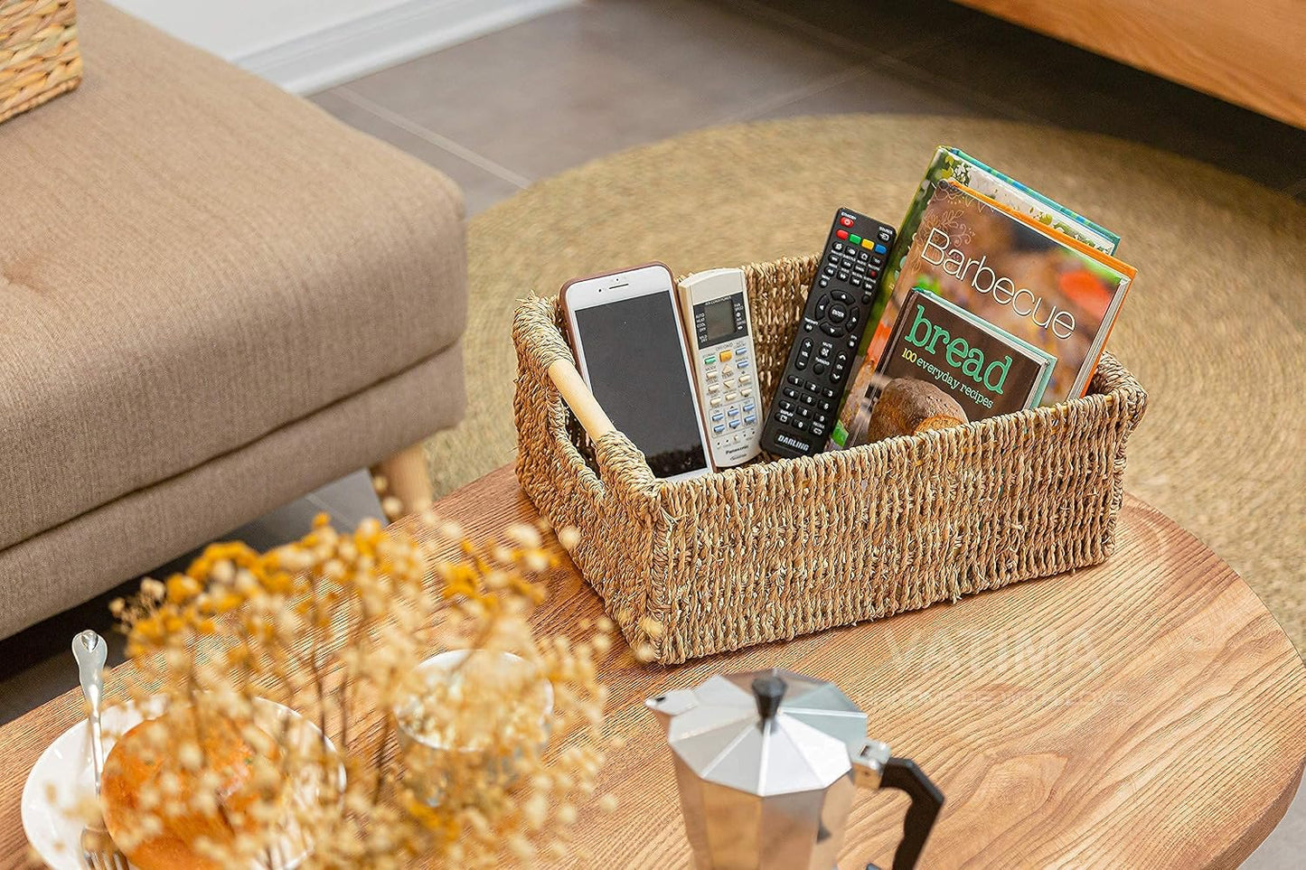 VATIMA Water Hyacinth Storage Baskets with Large Open-Front for Kitchen, Decorative for Living Room, 13.4” x 9.5” x 5.5”, 2 Pack